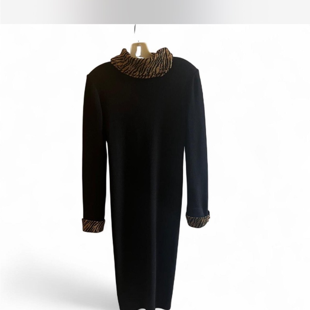 St. John knit Black sweater Dress with Animal Print Details